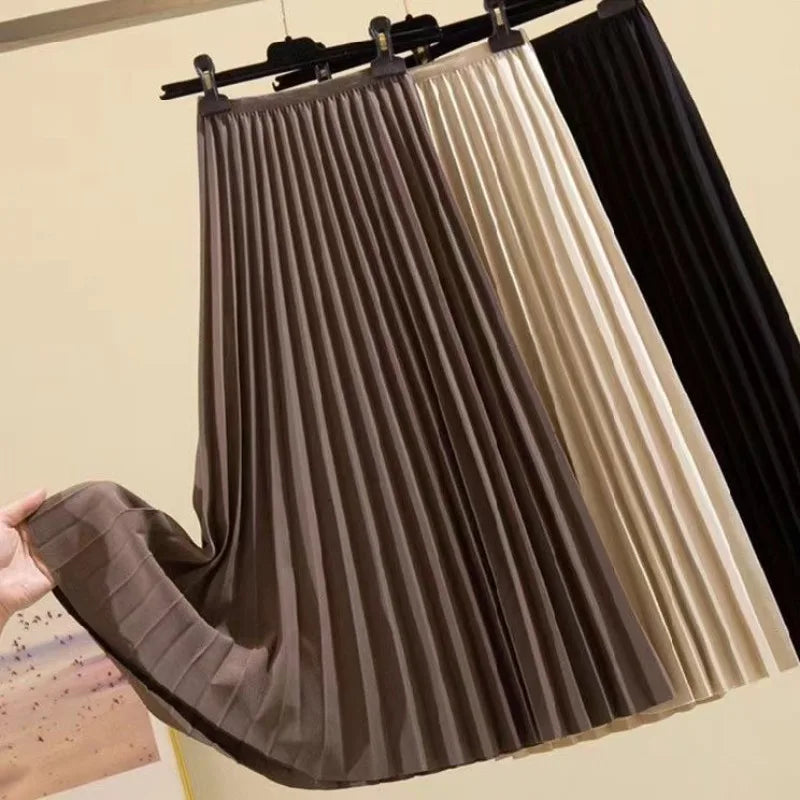 High Waist Pleated Skirt Women Autumn Spring Mid Length A-Line Flared Slimming