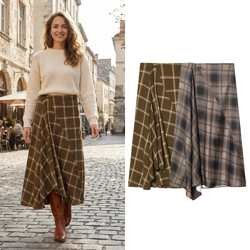Willshela Women Fashion Plaid Pleated Side Zipper Midi Skirt Vintage High Waist Female Chic Lady Skirts