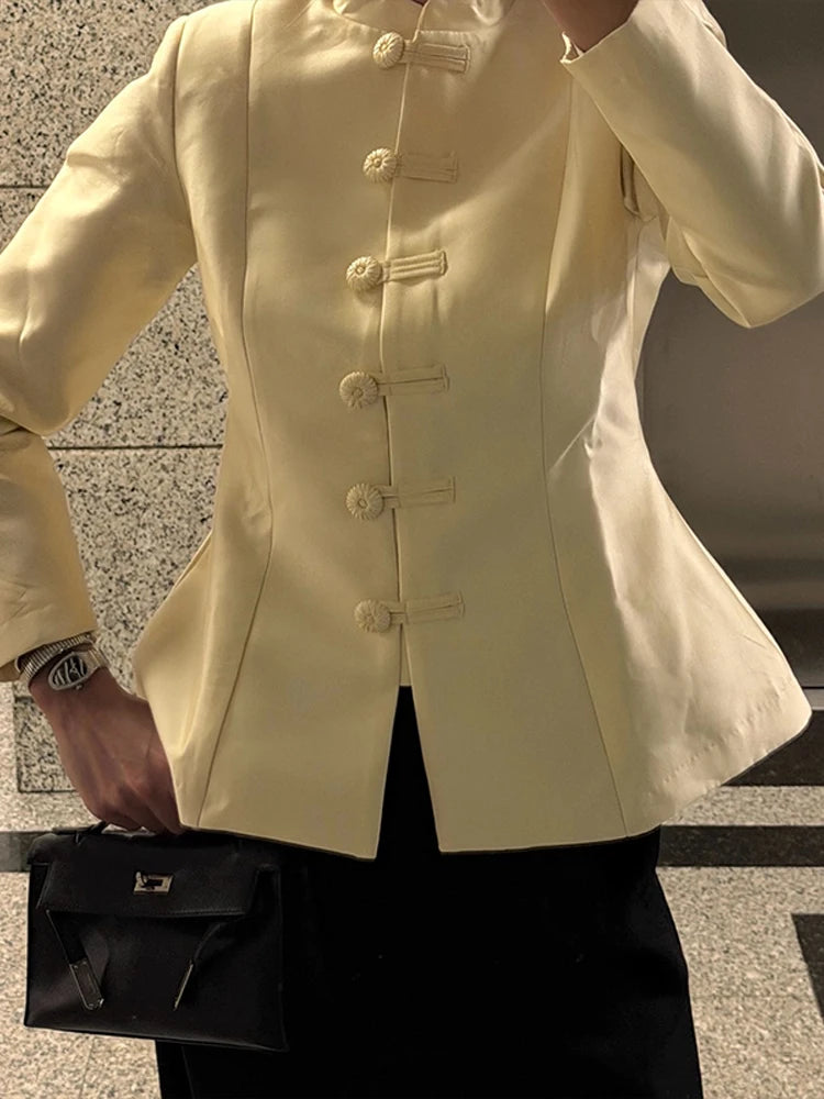 Fashion Solid Stand Collar Women Coat Elegant Long Sleeve Knot Button Waist Jacket 2026 New Vintage Female Outerwear High Street