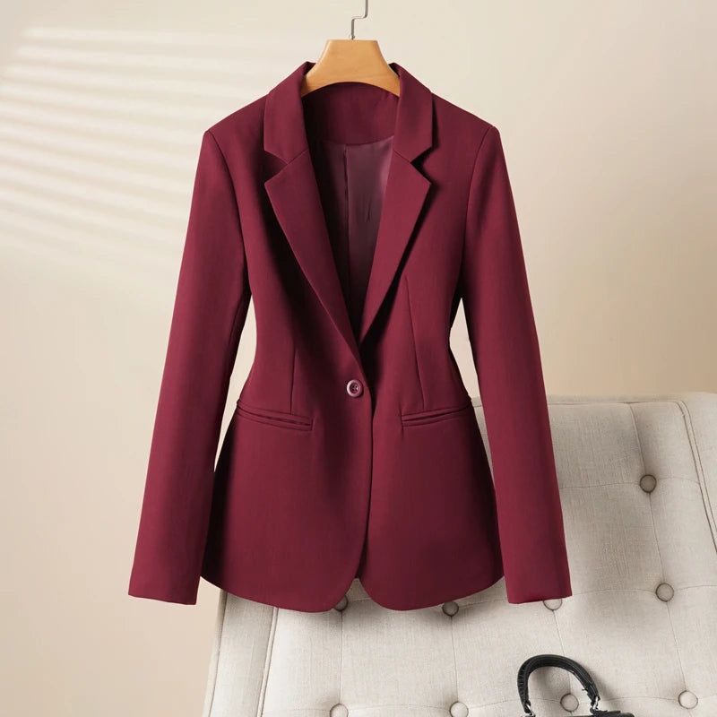 Burgundy Suit for Women, Spring and Autumn, Workplace Business Long-Sleeved One-Button Suit Jacket, Fashionable and Slimming