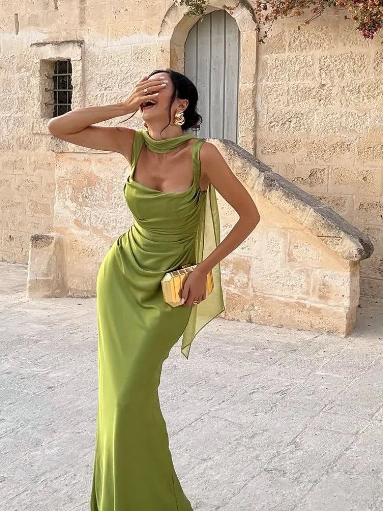 Sexy Solid Ribbon Evening Dress Fashion Sleeveless Square Collar Lace Up Backless Slim Maxi Dresses Lady Summer Dinner Party New