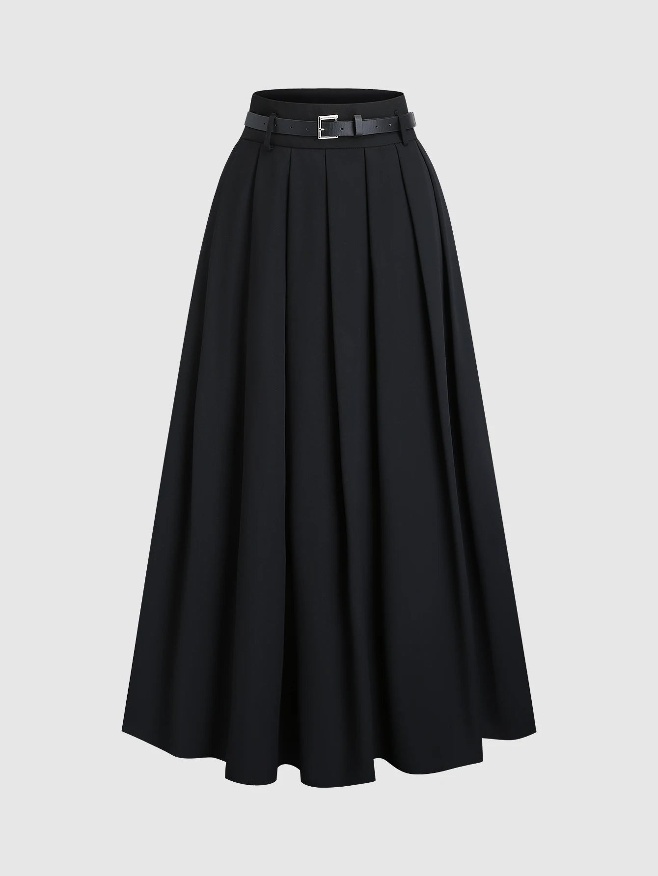 Black high waisted pleated midi skirt(with belt),Black cinched waist long pleated skirt