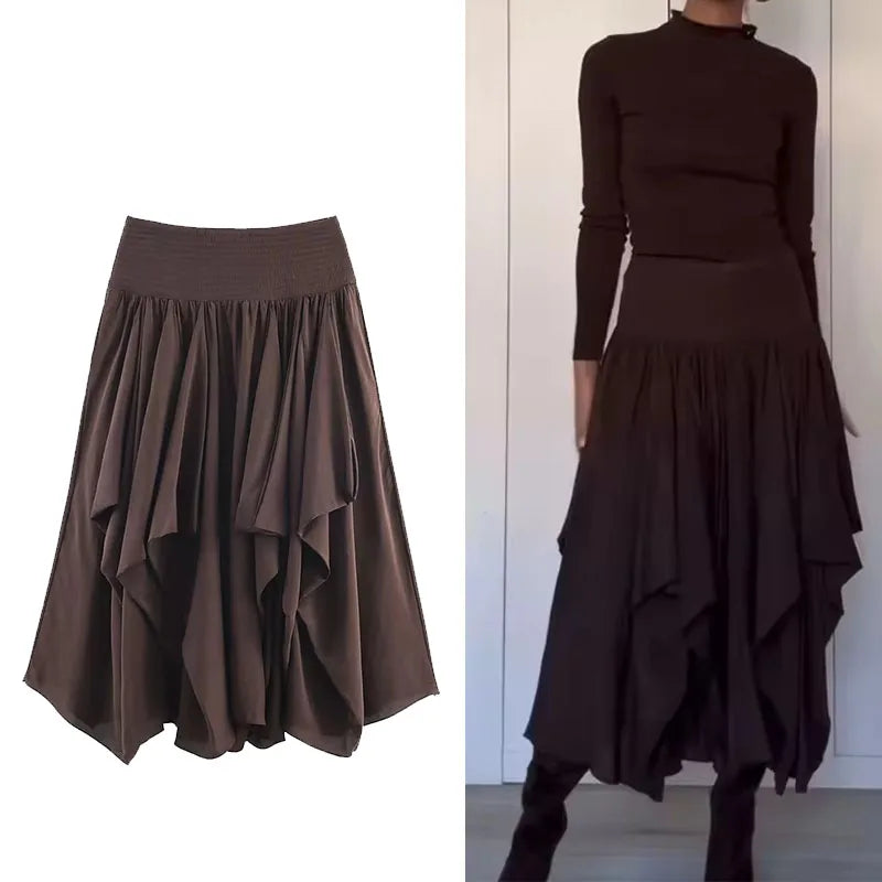 Ruffles Pleated Long Skirts For Women Fashion 2025 New Vintage High Waist Midi Skirt High Street Casual Chic Party Skirts