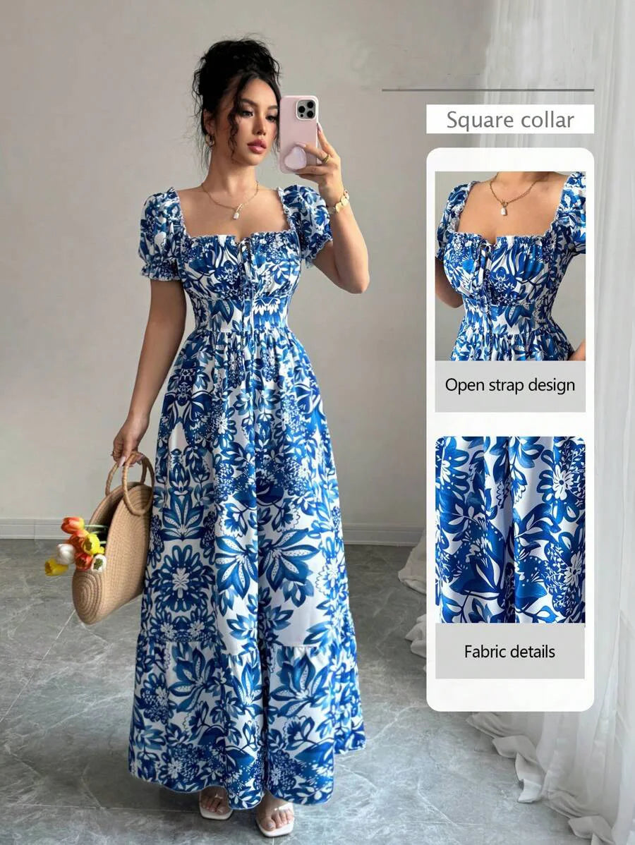 Elegant Women's Floral Print Bubble Sleeve Dress, Blue Long Dress, Front Tie Back Gathered Waist, Casual Vacation